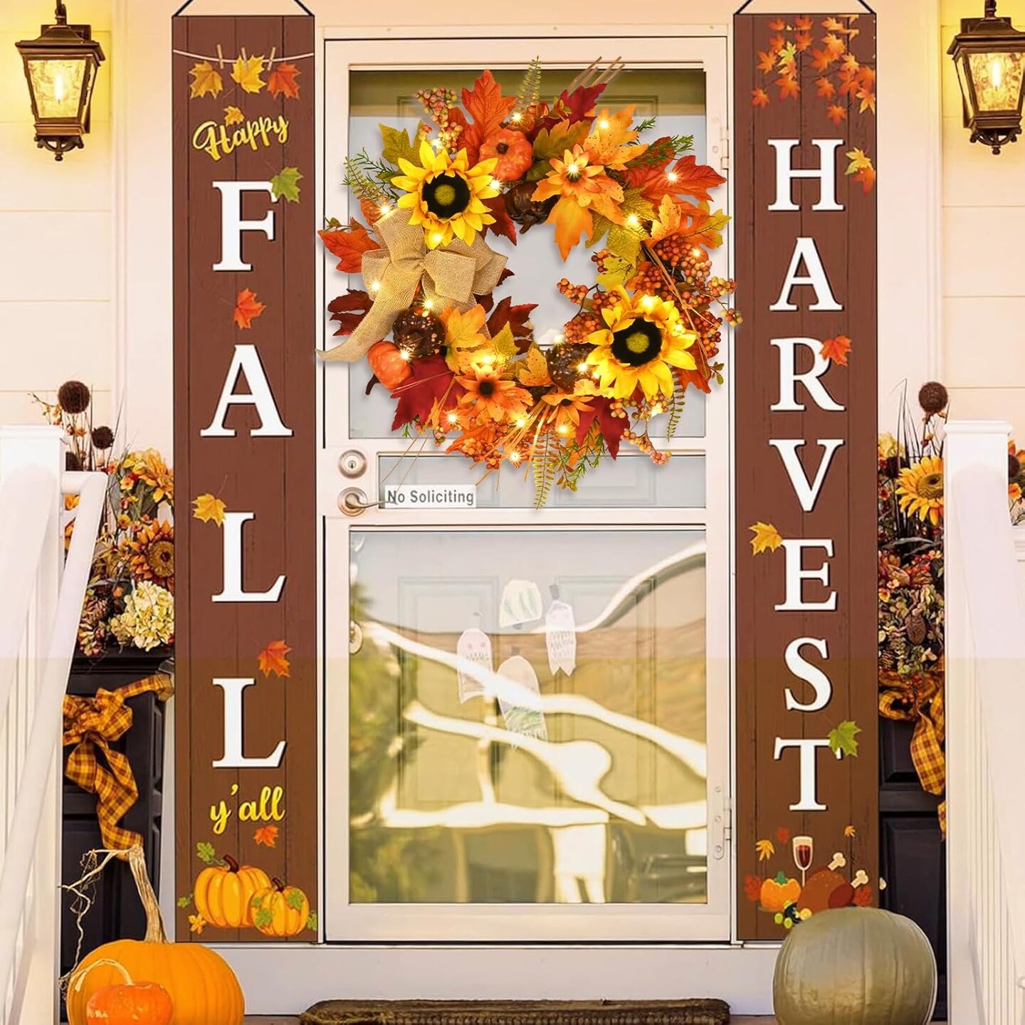 Artificial Autumn Wreath with Lights Maple Leaf Sunflower Wreath Pumpkins, Berries and Burlap Bow for Thanksgiving Home Indoor Outdoor Decoration