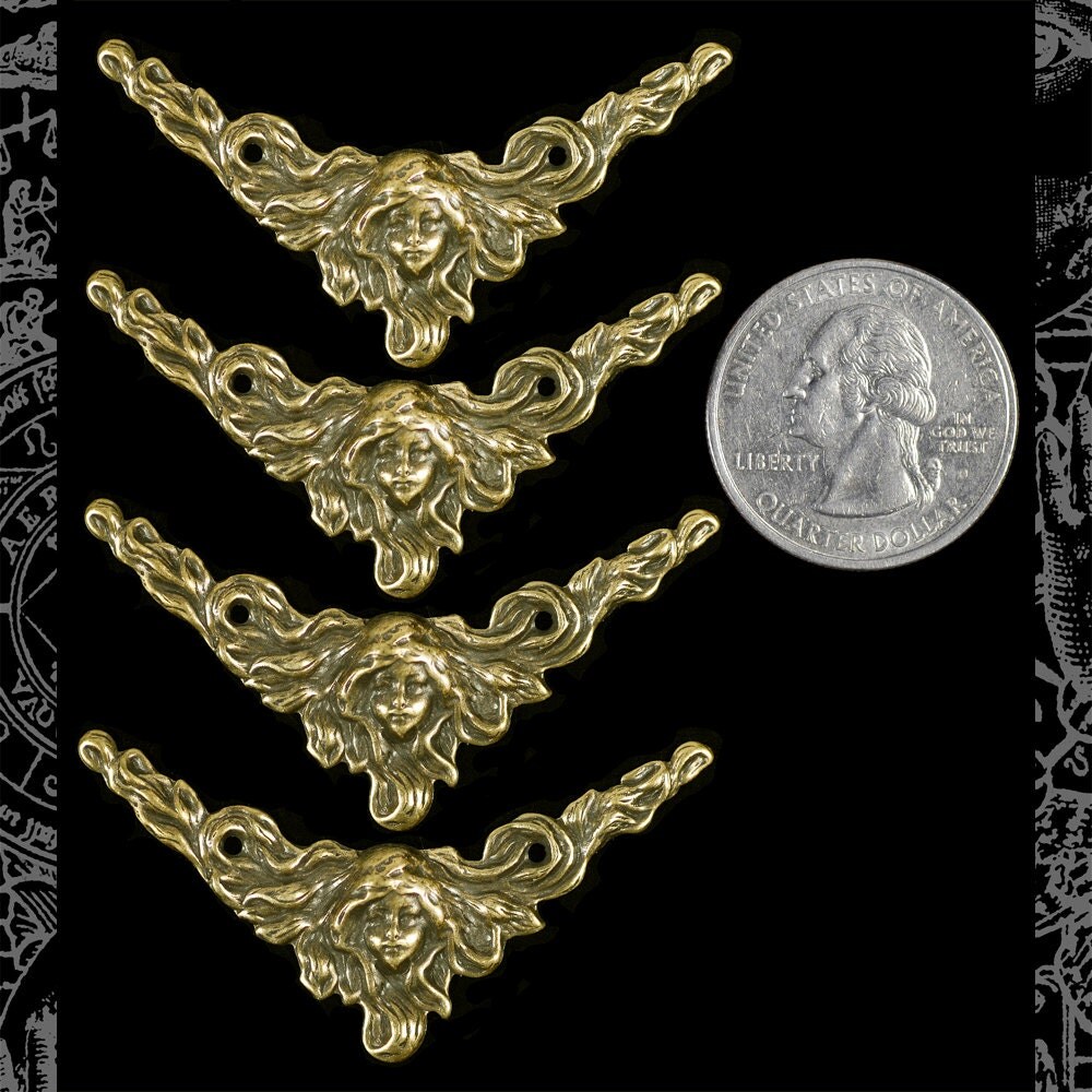 Antiqued Brass Woman with Flowing Hair Vintage Art Deco Corners or Connectors - Set of Four - AB-2C54