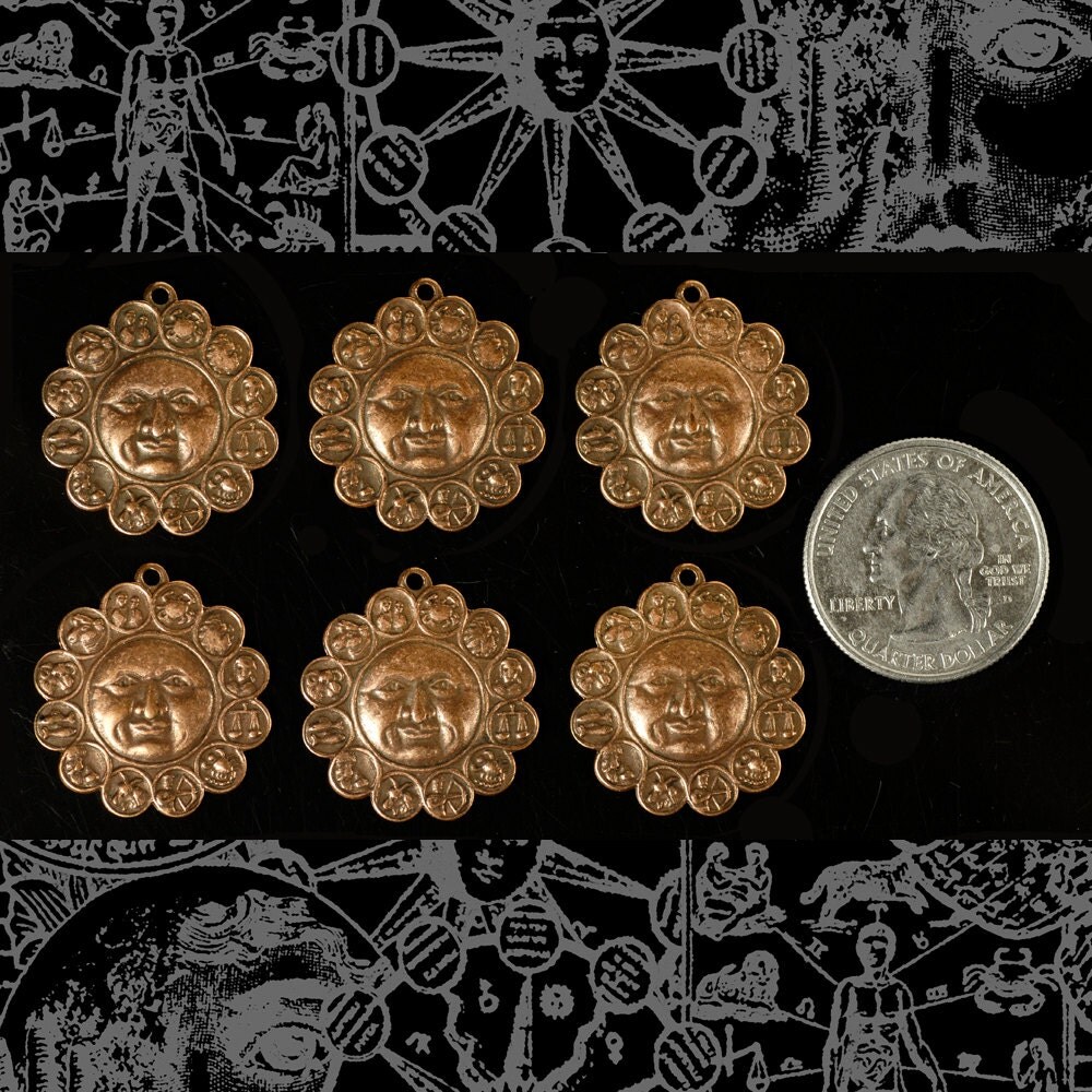 Antiqued Copper Plated Brass Sun Astrological Charm-Pendants - Set of Six - C-C37