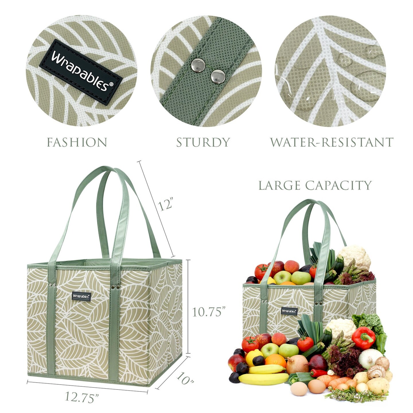Wrapables 3Pk Reusable Grocery Bags, Heavy Duty Large Foldable Storage Shopping Totes with Reinforced Handles, Leaves