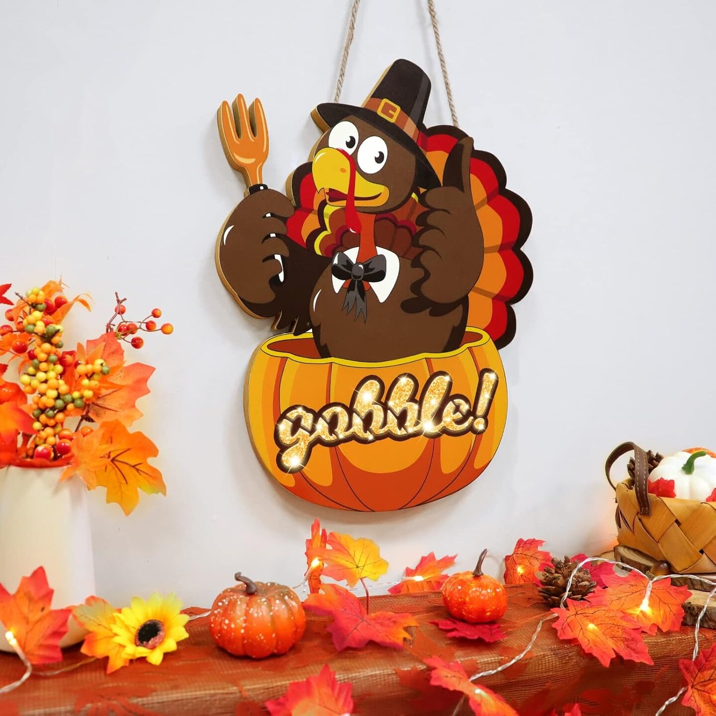 Wreaths for Front Door Pumpkin Turkey Door Hanger Thanksgiving Decorations Battery Operated Warm Lights Gobble Wood Signs Home Outdoor