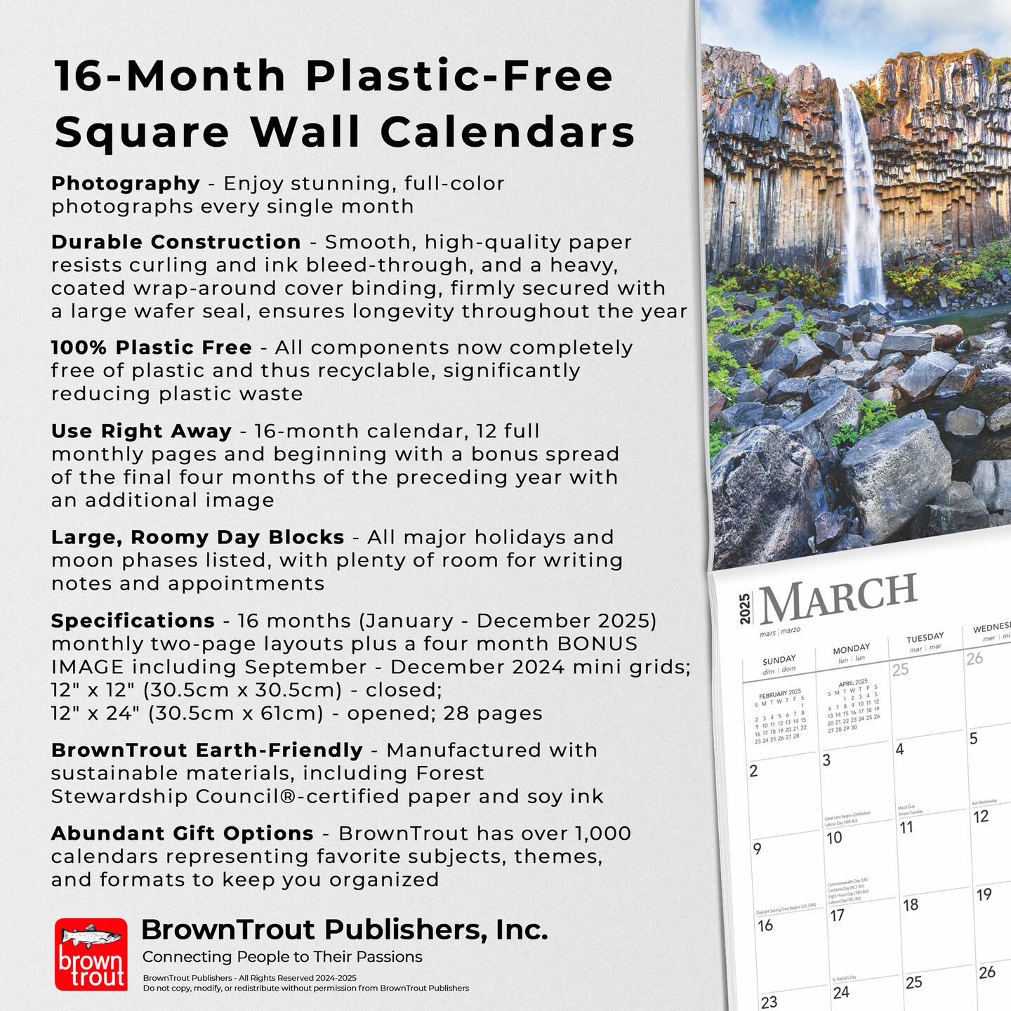 Iceland | 2025 12 x 24 Inch Monthly Square Wall Calendar | Plastic-Free | BrownTrout | Scenic Travel Europe Glaciers