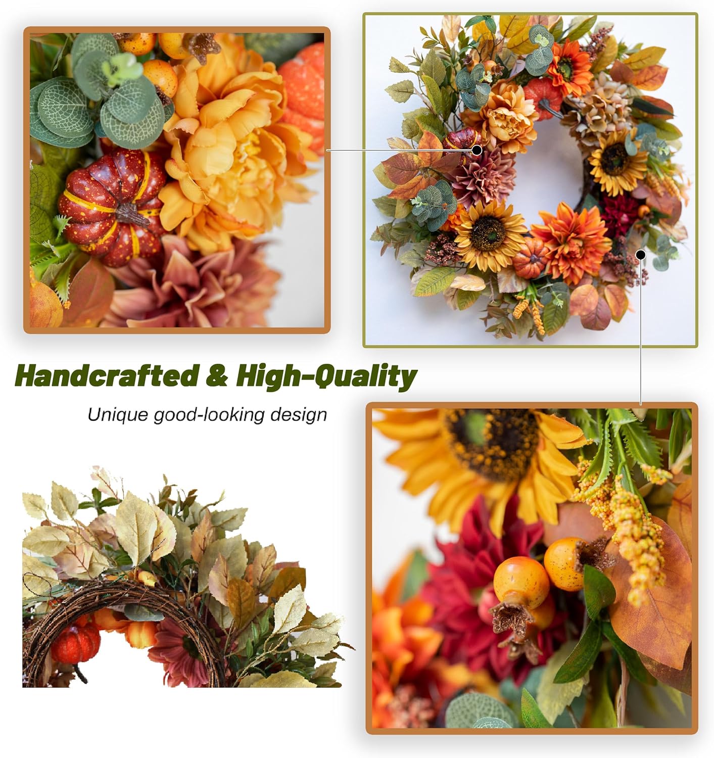 Pumpkin Sunflower Large Wreath with Peonies Berries, Autumn Door Wreath for Outdoor Outside Indoor Halloween Thanksgiving Decorations