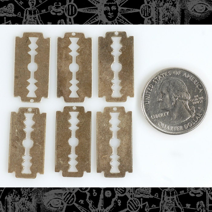 Antiqued Silver Plated Brass Darkened Razor Blade Charms - Set of Six - S-C77