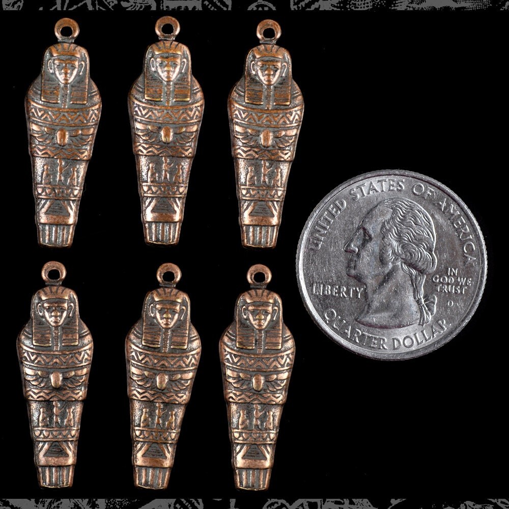 Antiqued Copper Plated Brass Egyptian Mummy Sarcophagus Charms or Pendants - Set of Six - C-C73