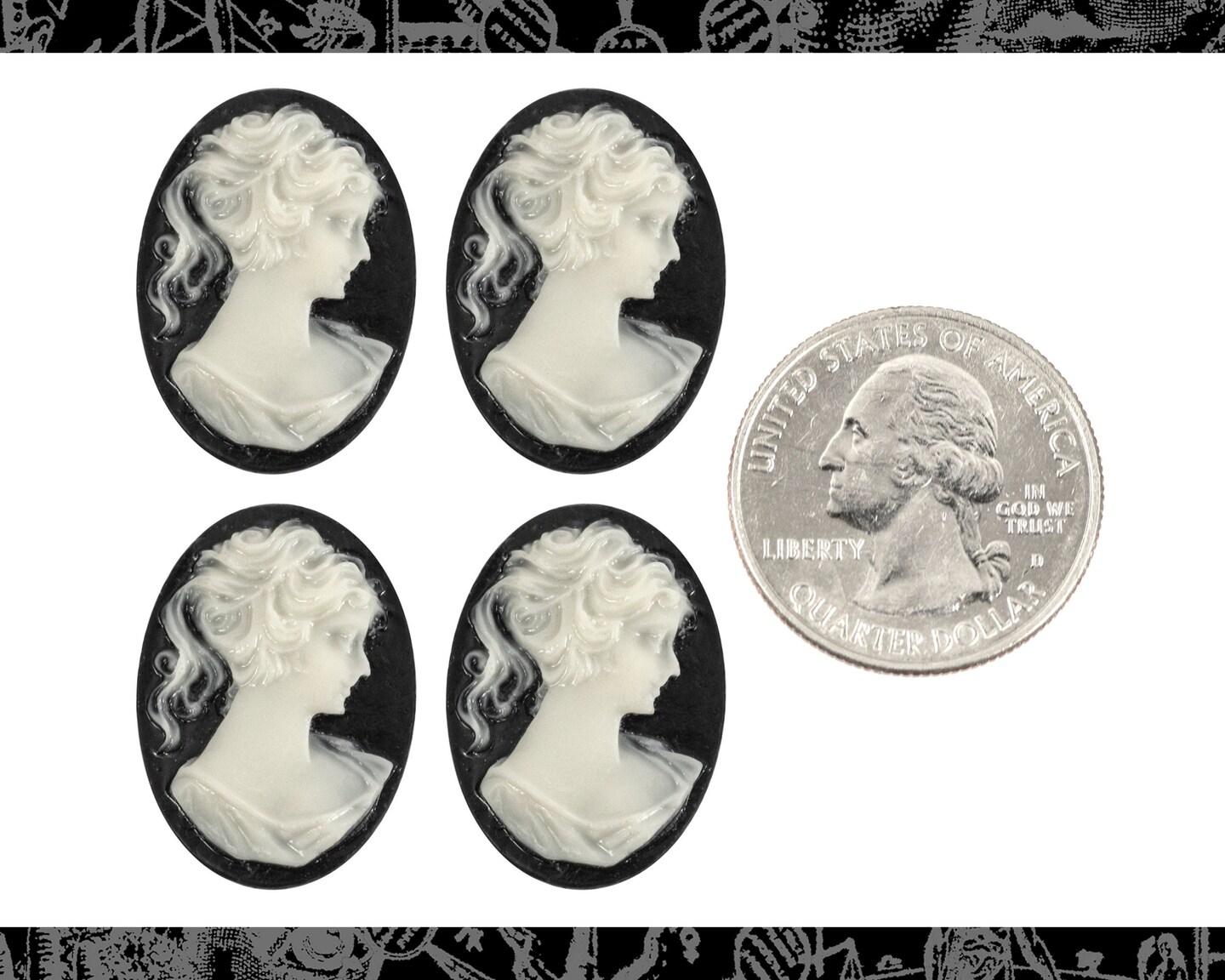 Vintage 24mm x 18mm Black and White Feminine Profile Cameos - Set of  Four Facing Right - XXX - CAM301