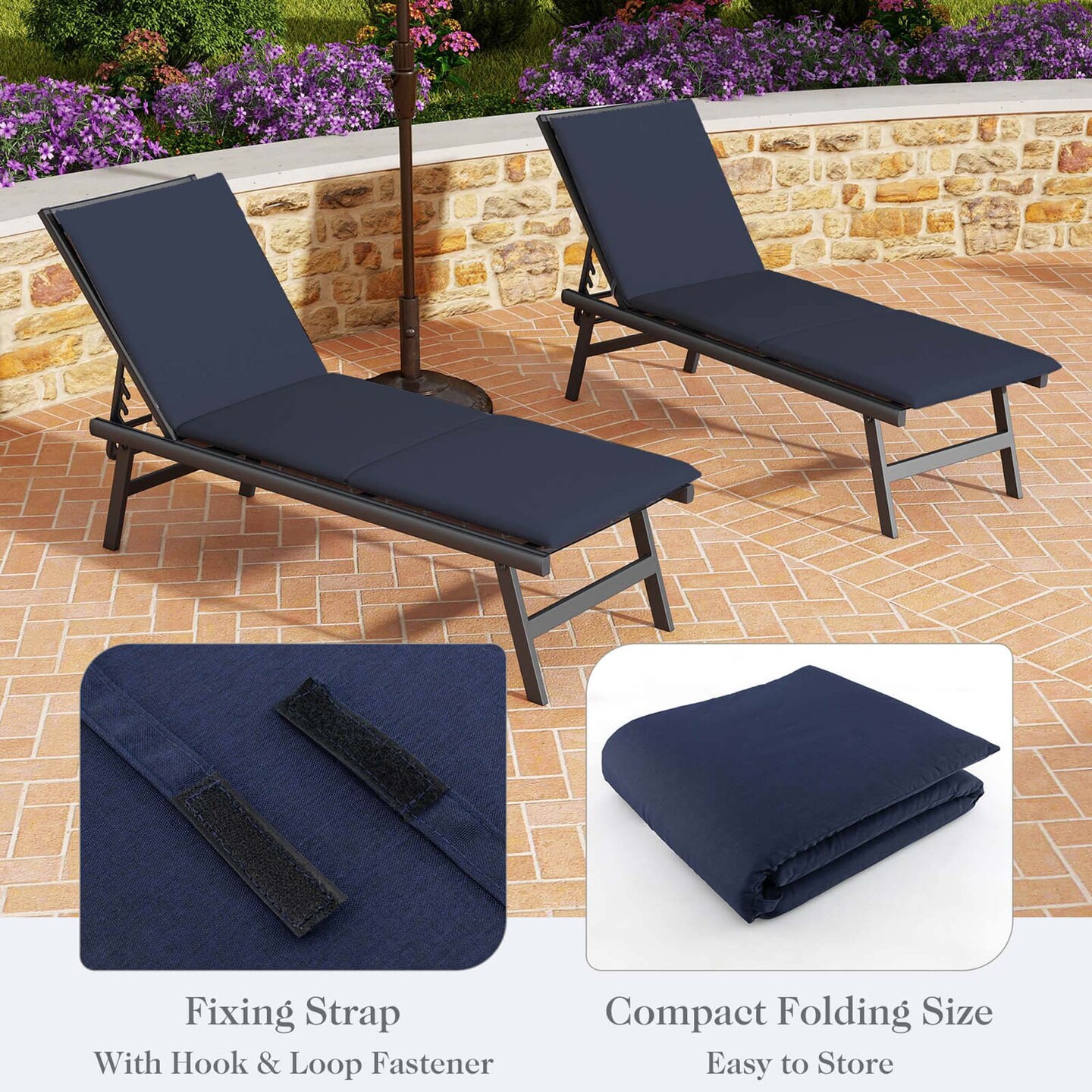 Costway 1/2 PCS Outdoor Chaise Lounge Cushion with Hook & Loop Fastener Fixing Straps Patio Blue