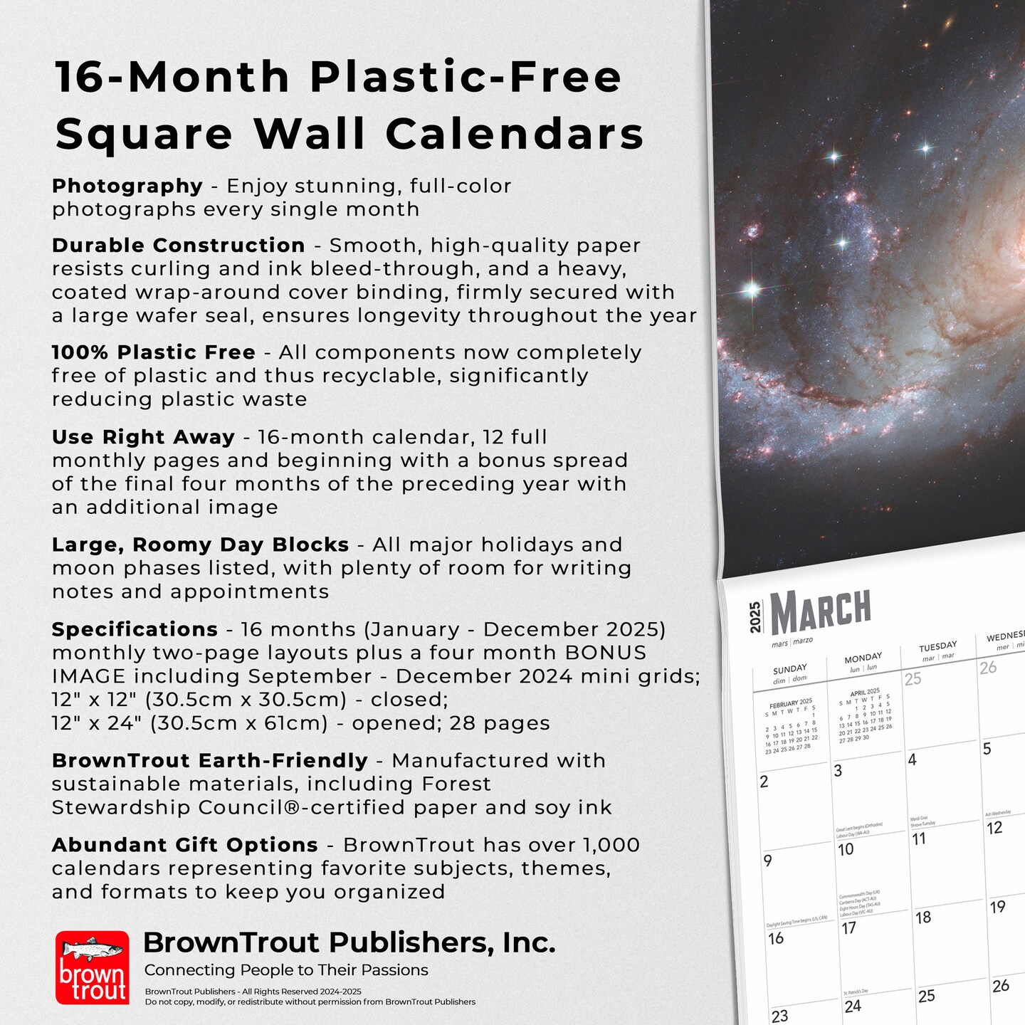 Astronomy | 2025 12 x 24 Inch Monthly Square Wall Calendar | Foil Stamped Cover | Plastic-Free | BrownTrout | Universe Space Nasa Hubble Telescope