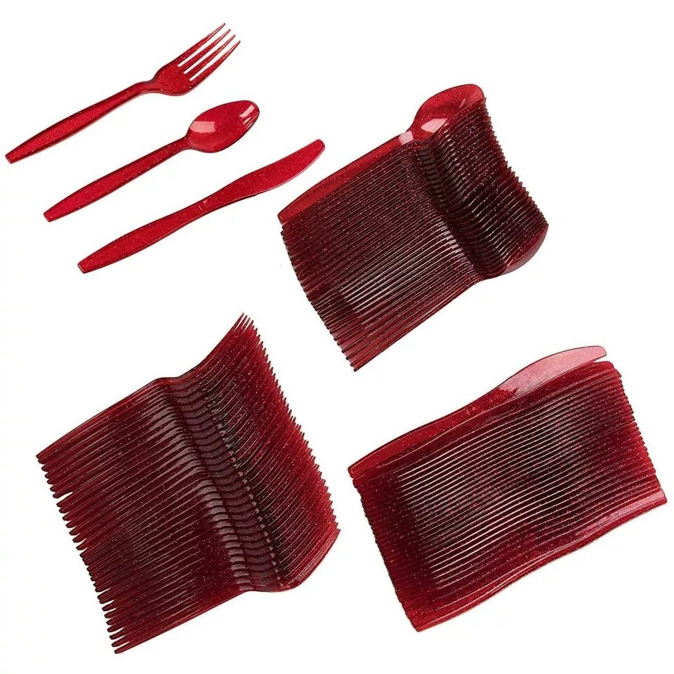 96 Pcs Red Silverware Set Plastic Disposable for Christmas Holiday Party D&#xE9;cor
