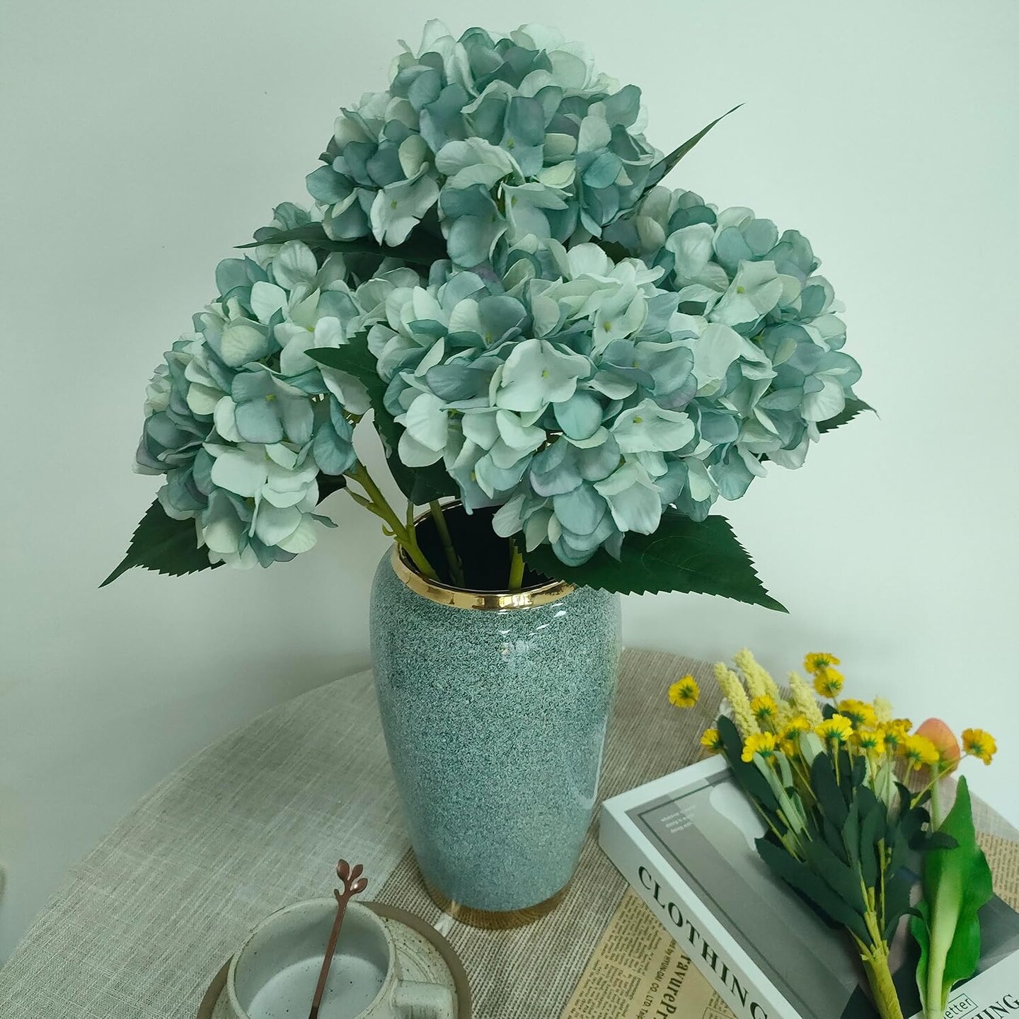 Fall Blue Hydrangea Artificial Flowers,6 Pcs Faux Fall Hydrangea Flowers