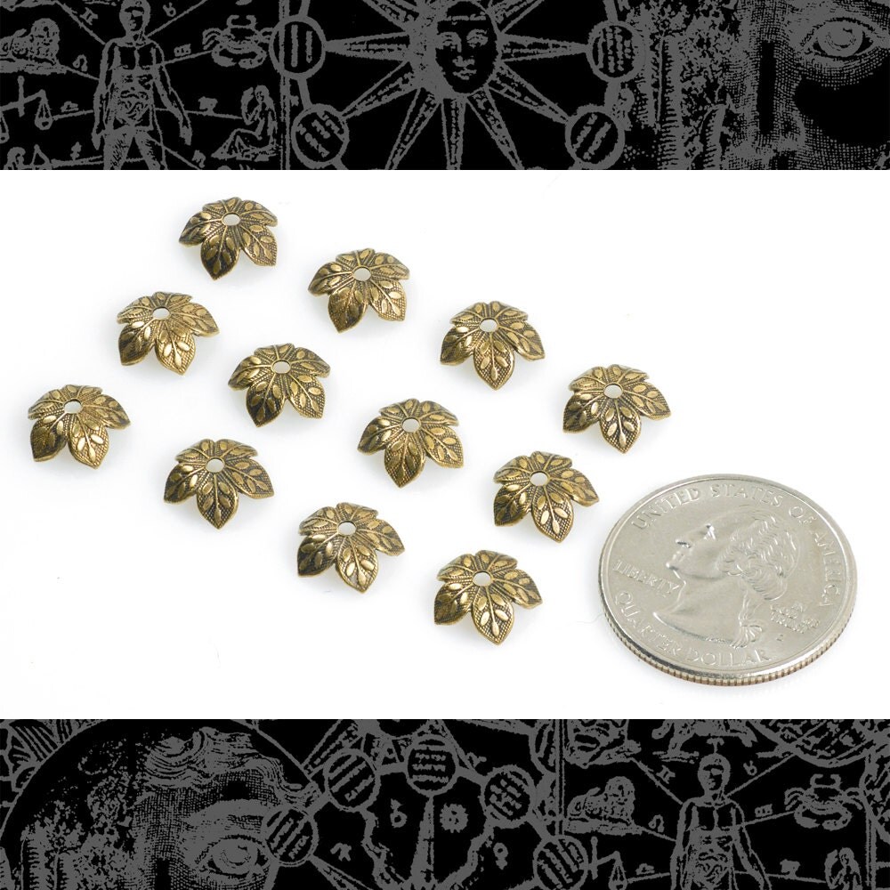 Antiqued Brass 8mm Floral Five Leaf Petal Brass Bead Caps - Set of 12 - AB-BC10