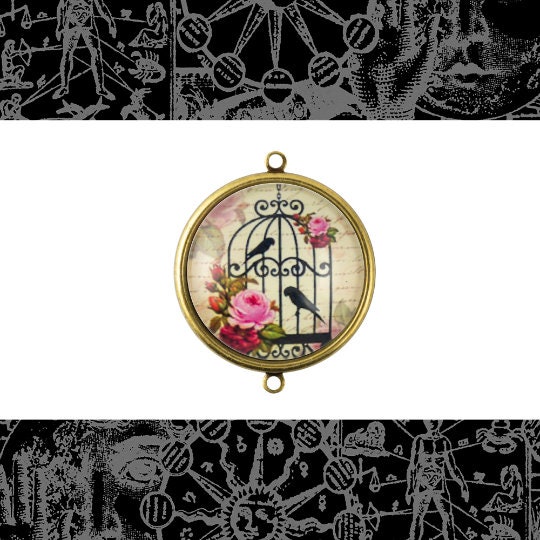 Cabochons of Two Birds in Bird Cage 25mm Round - Set of Two - CAB70