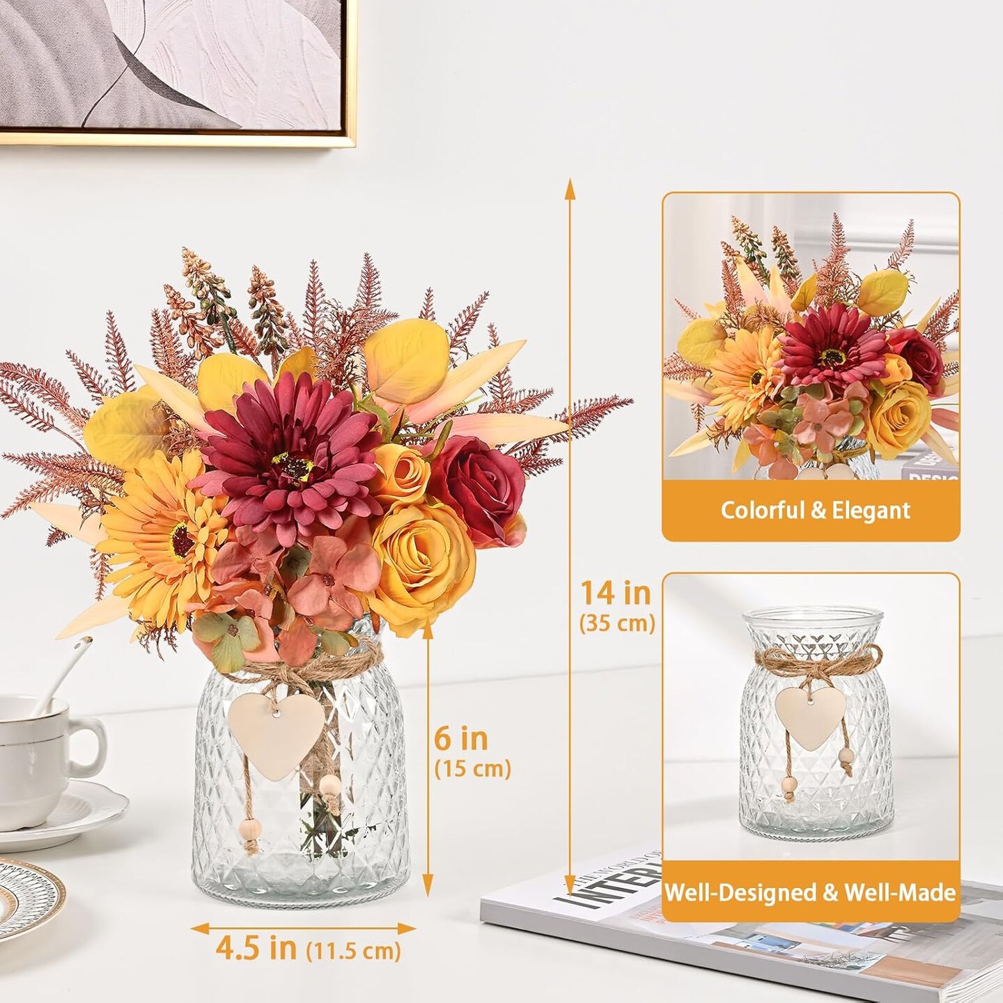 Fake Flowers in Vase, Artificial Dahlia Flowers with Vase, Silk Fall Flowers in Vase Fall Decor Fall Decorations for Home Centerpieces Thanksgiving Party Table Rustic Wedding