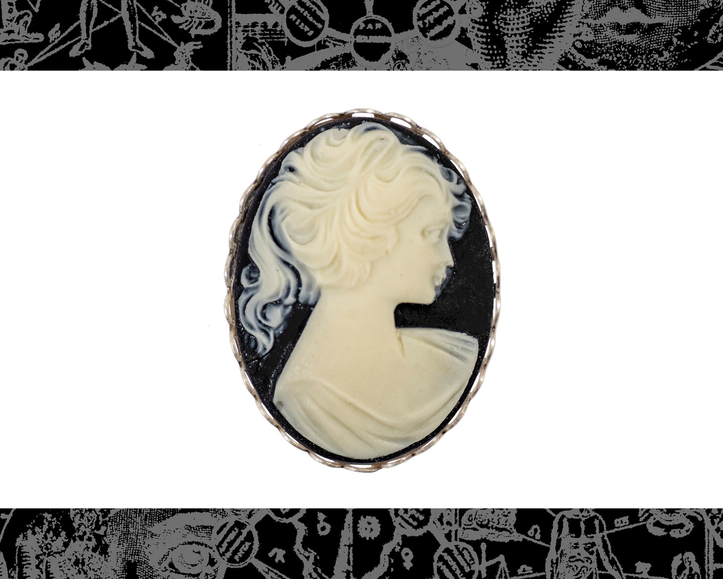 Black and White Feminine Profile 40mm x 30mm Resin Cameos - Set of Two - CAM275