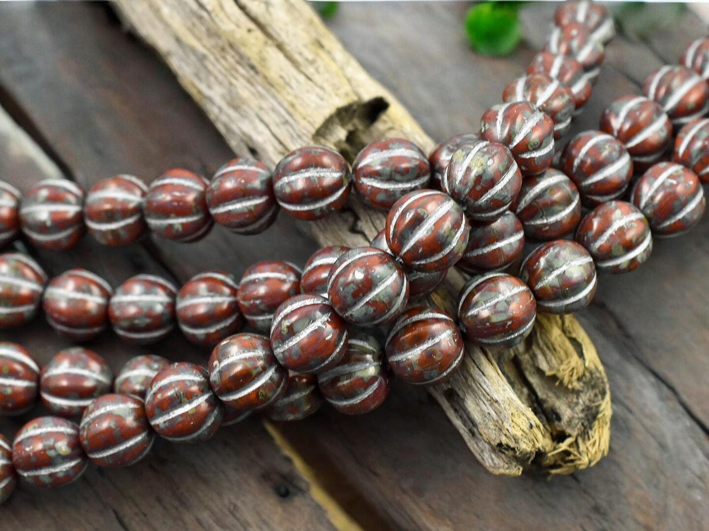 *16* 8mm Silver Washed Opaque Red Travertine Round Melon Beads