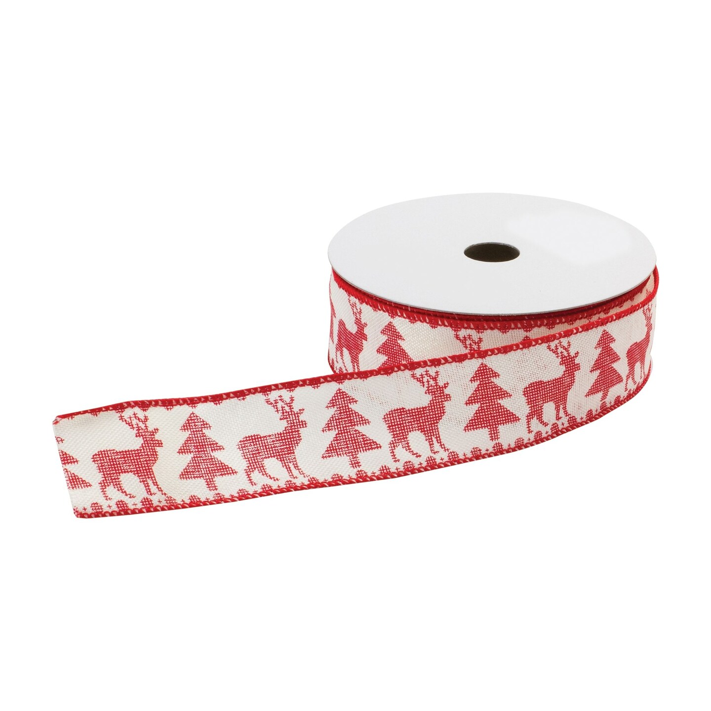Melrose Reindeer and Christmas Tree Wired Craft Ribbon - 2.5&#x22; x 20 Yards - Red and White
