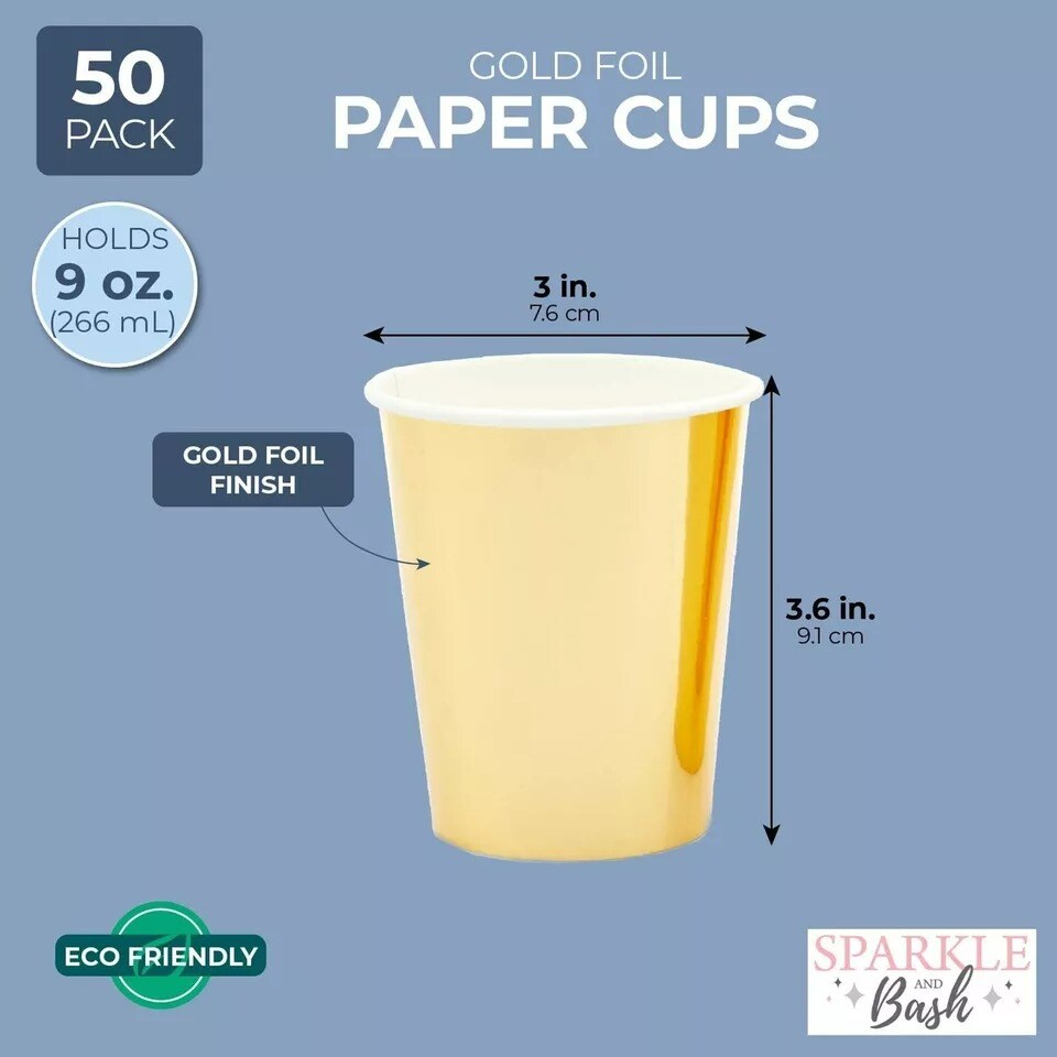 50 Pack 9oz Gold Foil Party Paper Cups for Birthday Wedding Bridal Shower