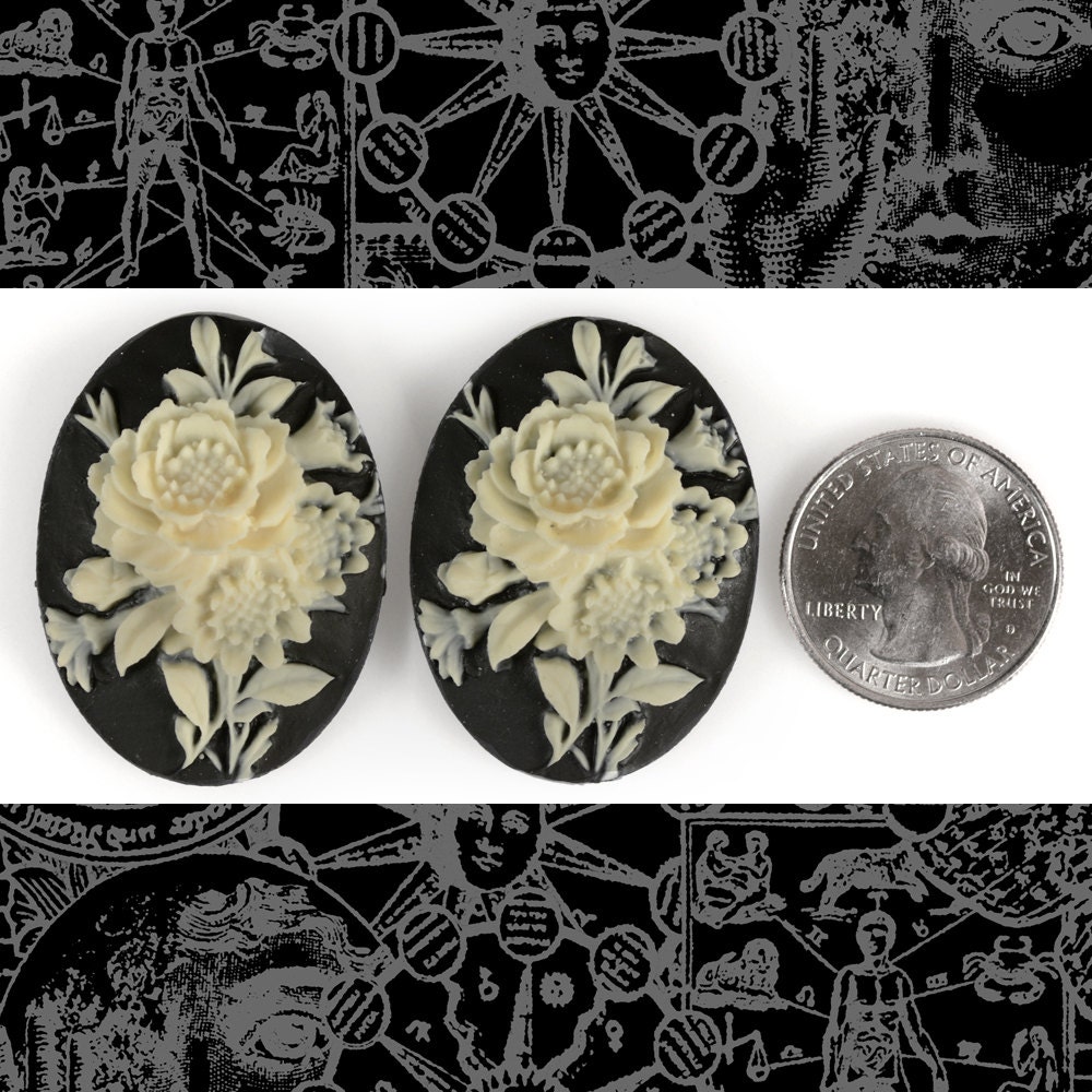 Vintage Black and Cream Floral 30mm x 40mm Resin Cameos -Set of Two - XXX - CAM152