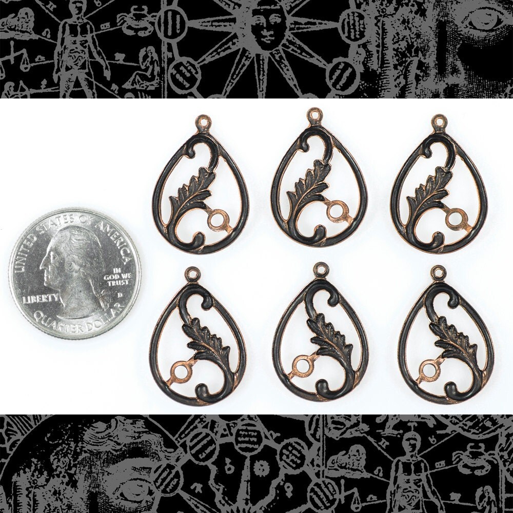 Antiqued Copper Plated Brass Teardrop Filigree Mount Connectors or Charms - Three Pairs Mirror Image - C-C146