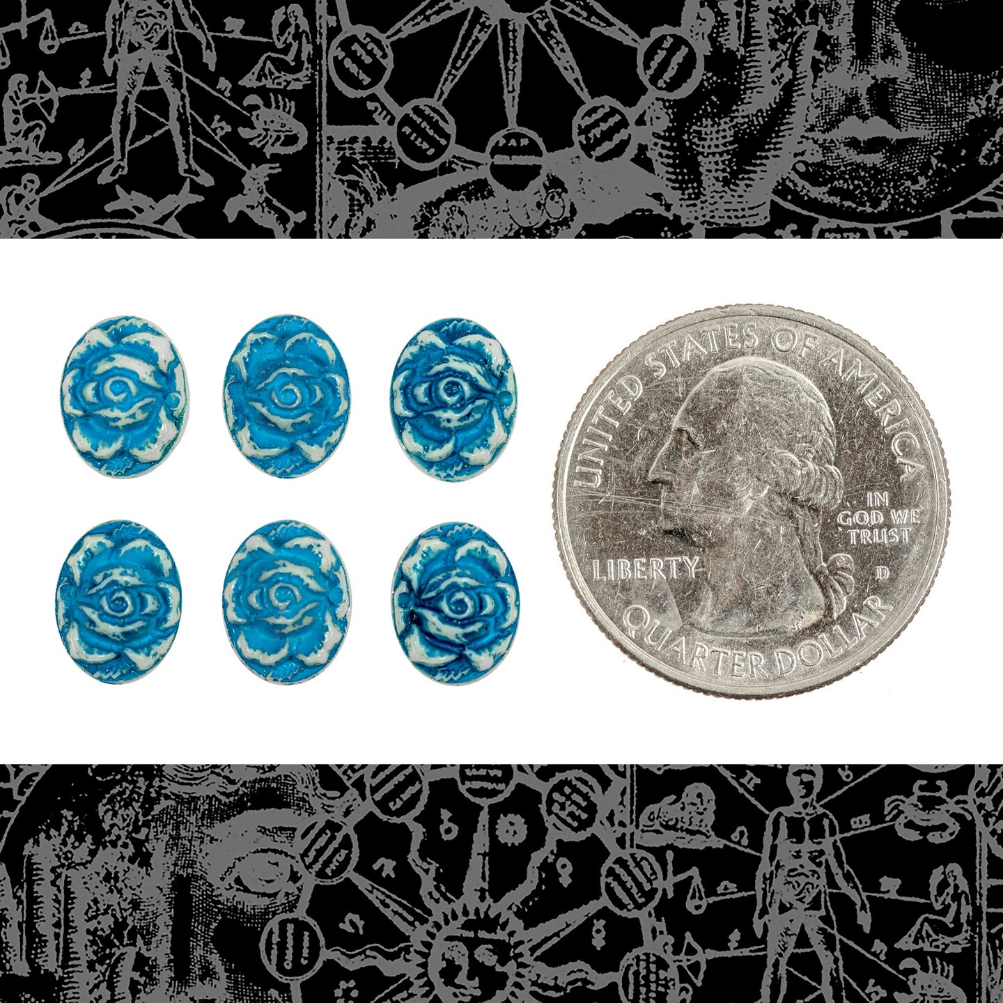 Carved Roses Turquoise on White 10x8mm Resin Cameos  - Set of Six - CAM236
