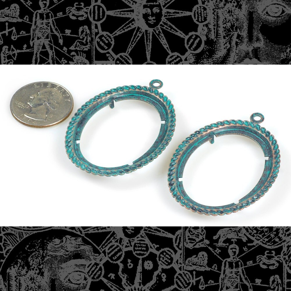30mm x 40mm Verdigris Finished Brass Twisted Rope Cameo Frames with Prongs - Set of Two - V-F25