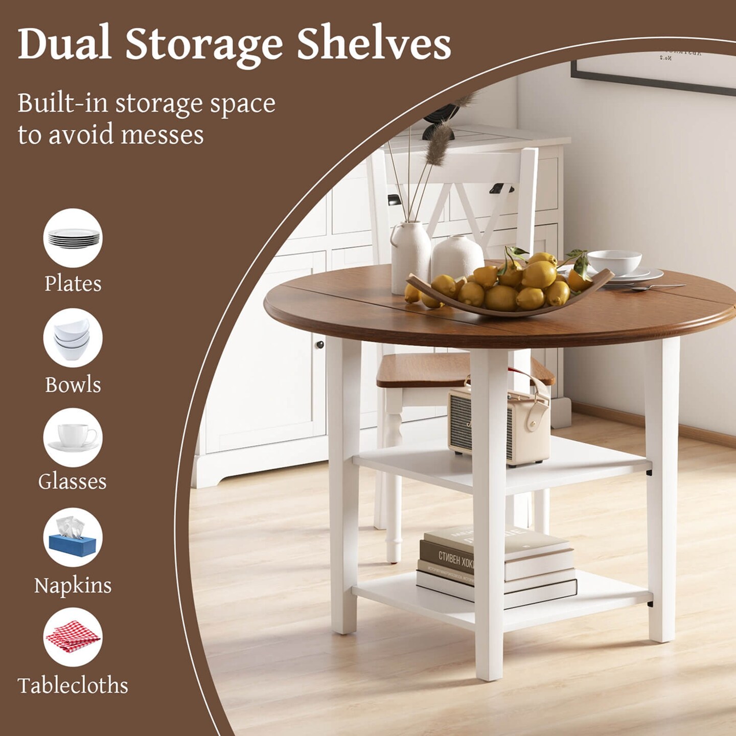 Costway 42.5&#x22; Drop Leaf Kitchen Table with Storage Shelves Expandable Dining Room Table