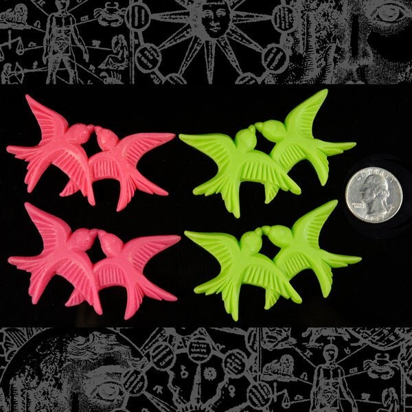 Lovebird Cabochons - Set of 4 - Two Bright Pink and Two Lime - CAB20