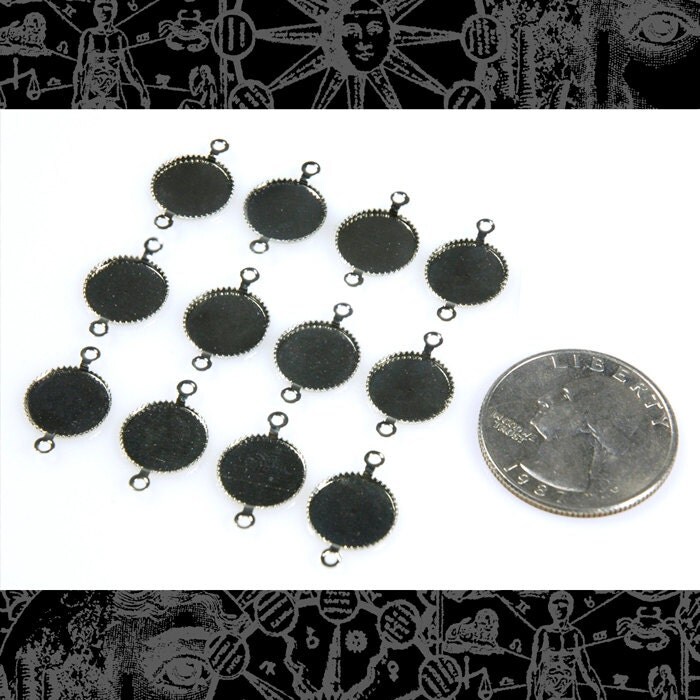 Antiqued Silver Plated Brass Round Cabochon Connectors Two Ring Settings 10mm flat for graphic insert or cabochon Set of Twelve  - S-2C26