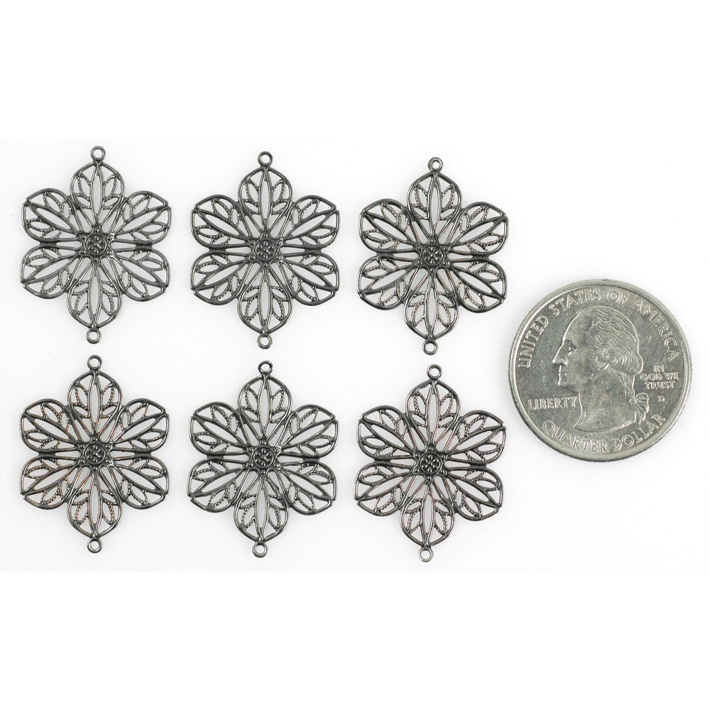 Gunmetal Finish Wide Flower Filigree Two Ring Connectors - Set of Six - XXX - G-2C20