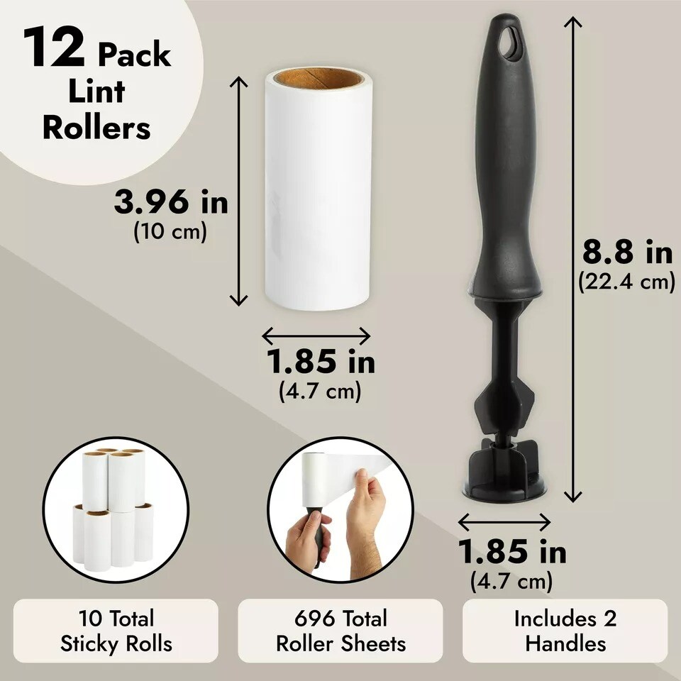 12 Pk Lint Roller for Clothes with 696 Sheets, 2 Handles, 10 Sticky Roll Refills