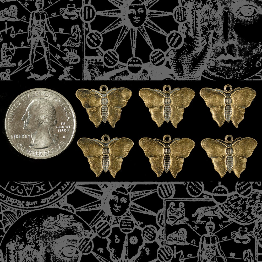 Antiqued Brass Tapestry Butterfly Charms - Set of Six - XXX - AB-C162
