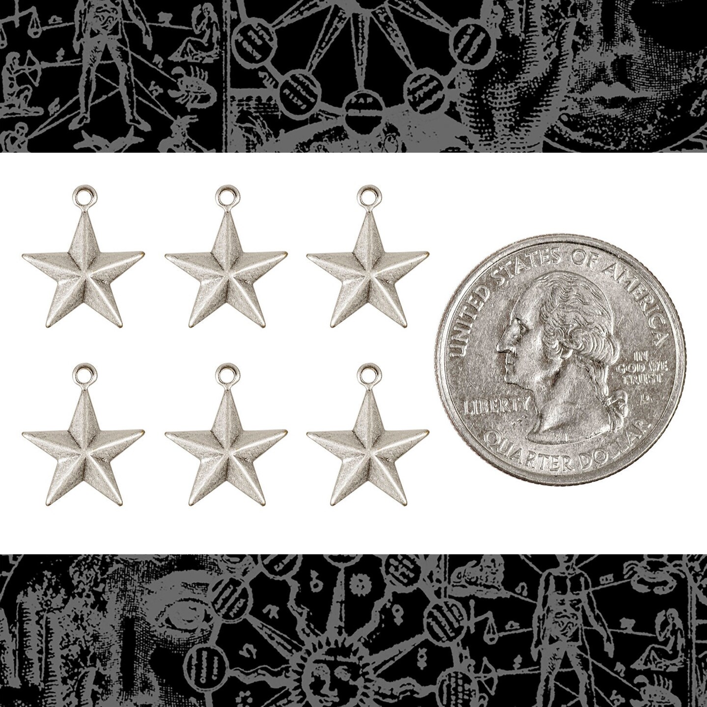 Antiqued Silver Plated Brass Small Star Charms - Set of Six - XXX - S-C181