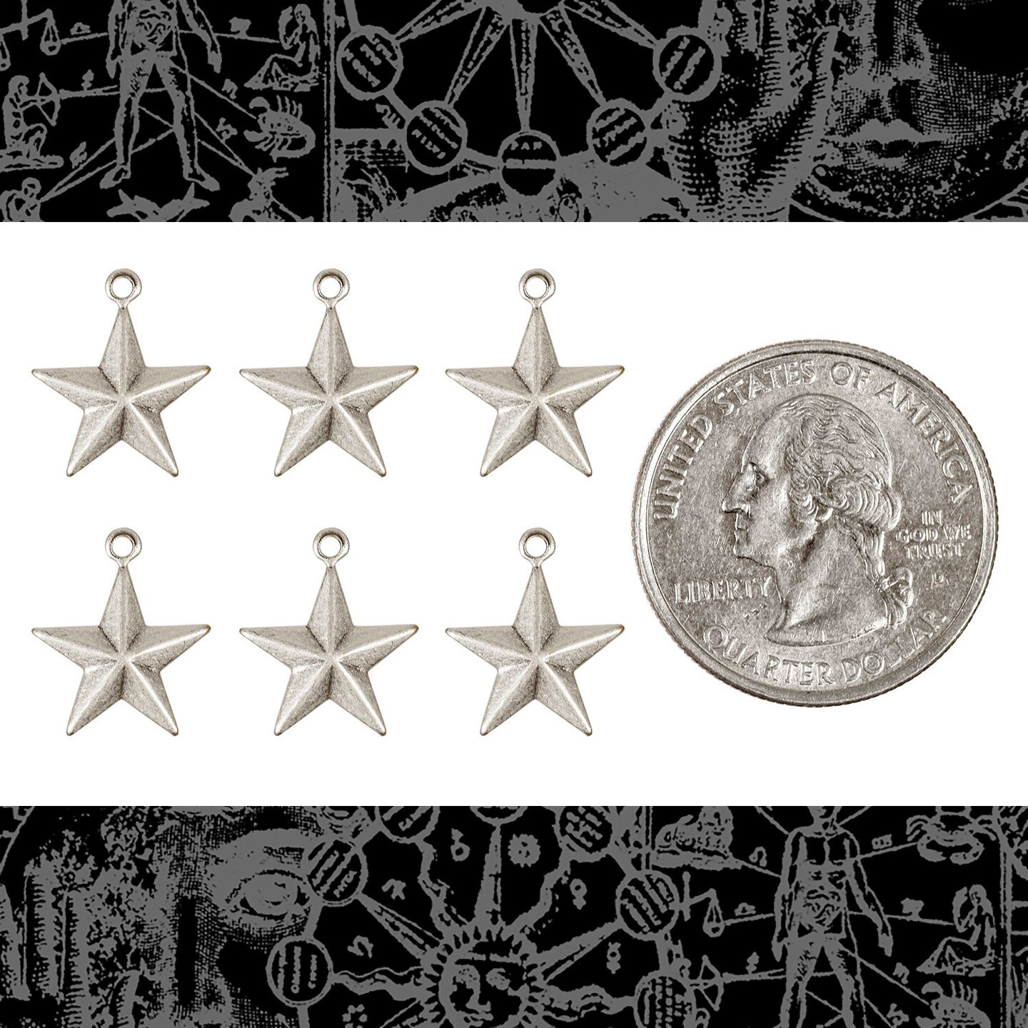 Antiqued Silver Plated Brass Small Star Charms Set of Six XXX  