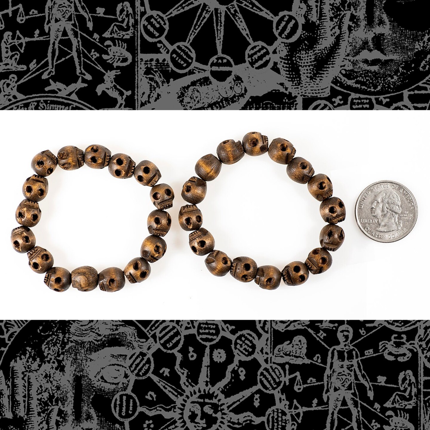 Carved Wooden Skull Bead Bracelets - Set of Two - BR-01