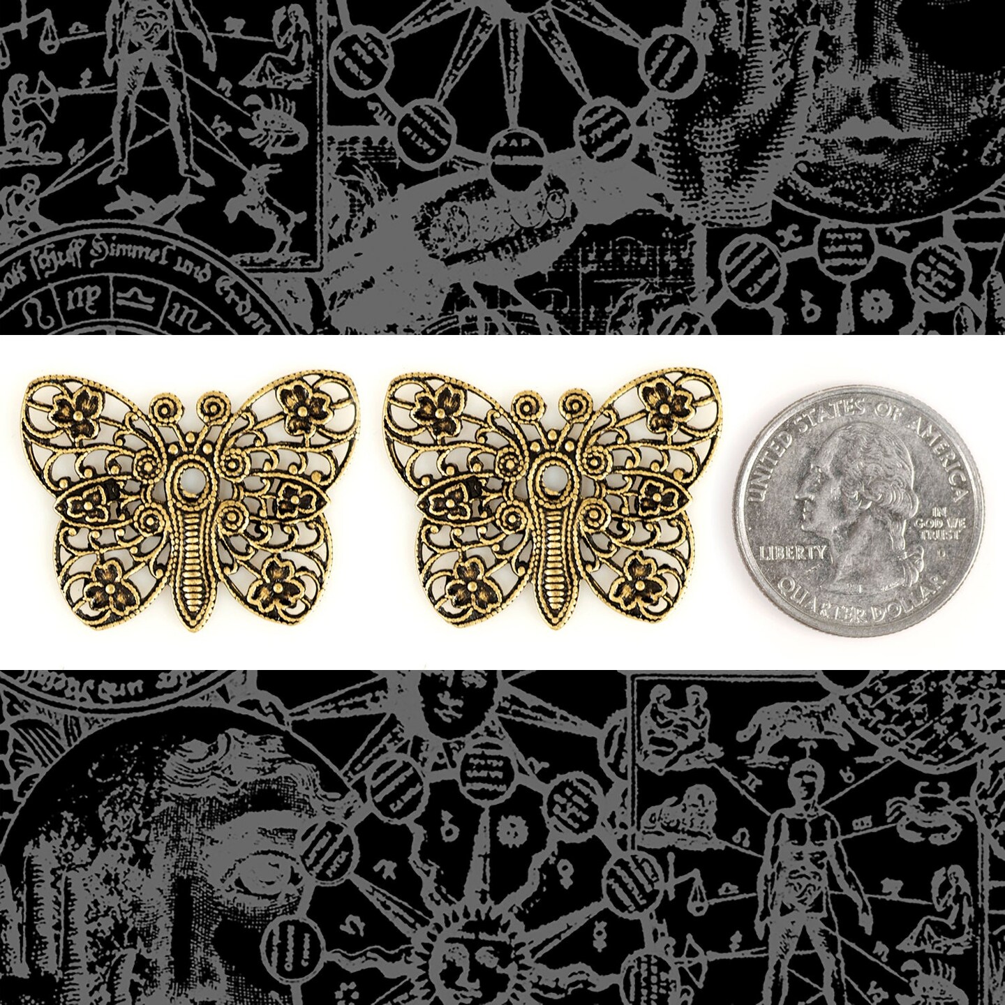 Antiqued Brass Filigree Butterfly Pendant with Center Hole for Rivet - Set of Two - AB-P110
