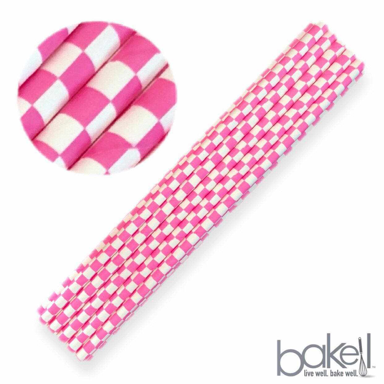 Pink and White Checker Print Cake Pop Party Straws