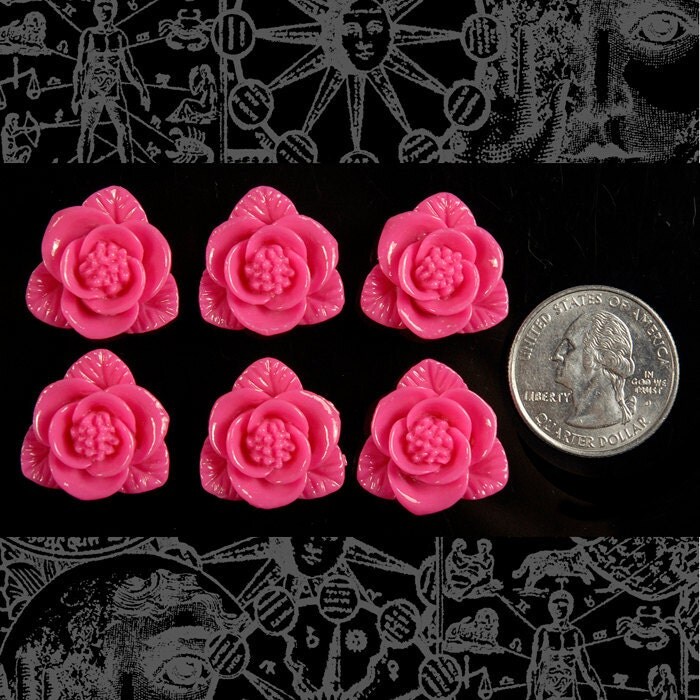 Bright Pink Fuchsia Rose Cameo Cabochons 21mm x 22mm - Set of Six - Flwr79