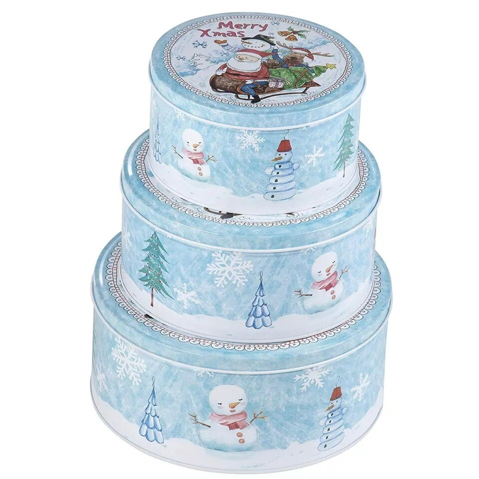 Set of 3 Christmas Nesting Cake Tins Cookie Food Storage Containers with Lids