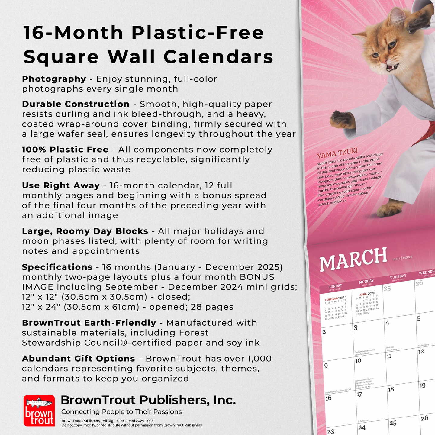 Karate Cats OFFICIAL | 2025 12 x 24 Inch Monthly Square Wall Calendar | Plastic-Free | BrownTrout | Pets Funny Animals Feline
