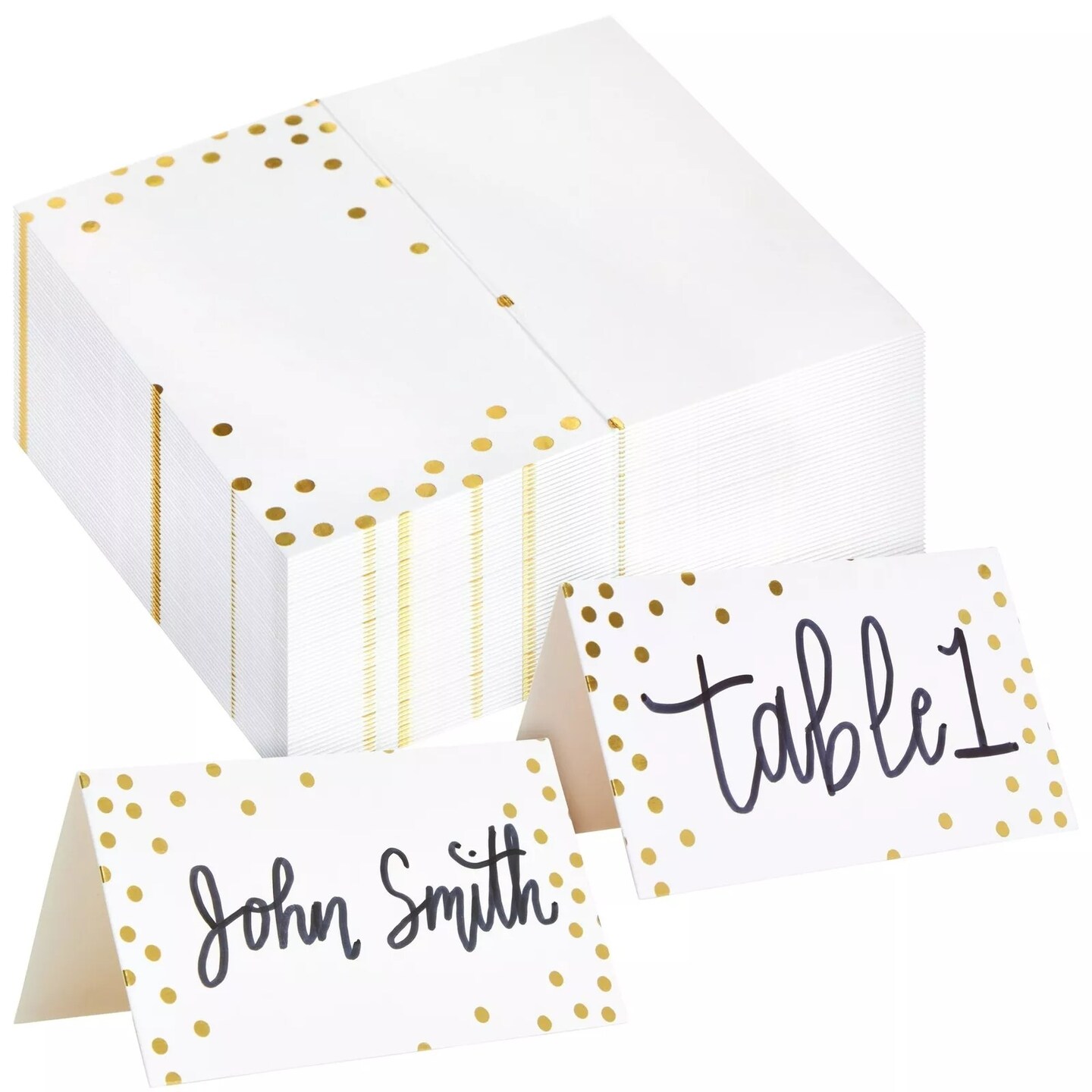 100 Pack Wedding Name Place Cards for Table, Gold Polka Dot Cards, 2x3.5 In