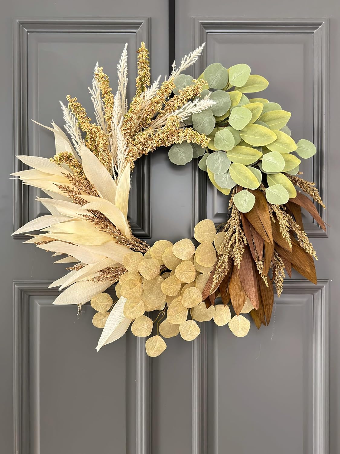 Handcrafted with Faux Eucalyptus Wheat Corn Husk, Fall Decor for Home Front Door Wall Window