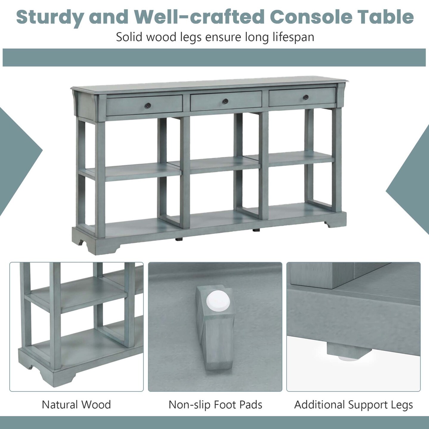 Costway 58&#x27;&#x27; Long Sofa Table with Storage Retro Console Table with 3 Drawers &#x26; Open Shelves Blue/White