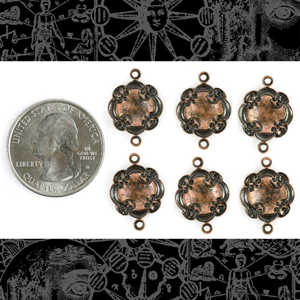 Antiqued Copper Plated Brass Dimpled Floral Cloud Two Ring Connectors - Set of Six - C-2C47