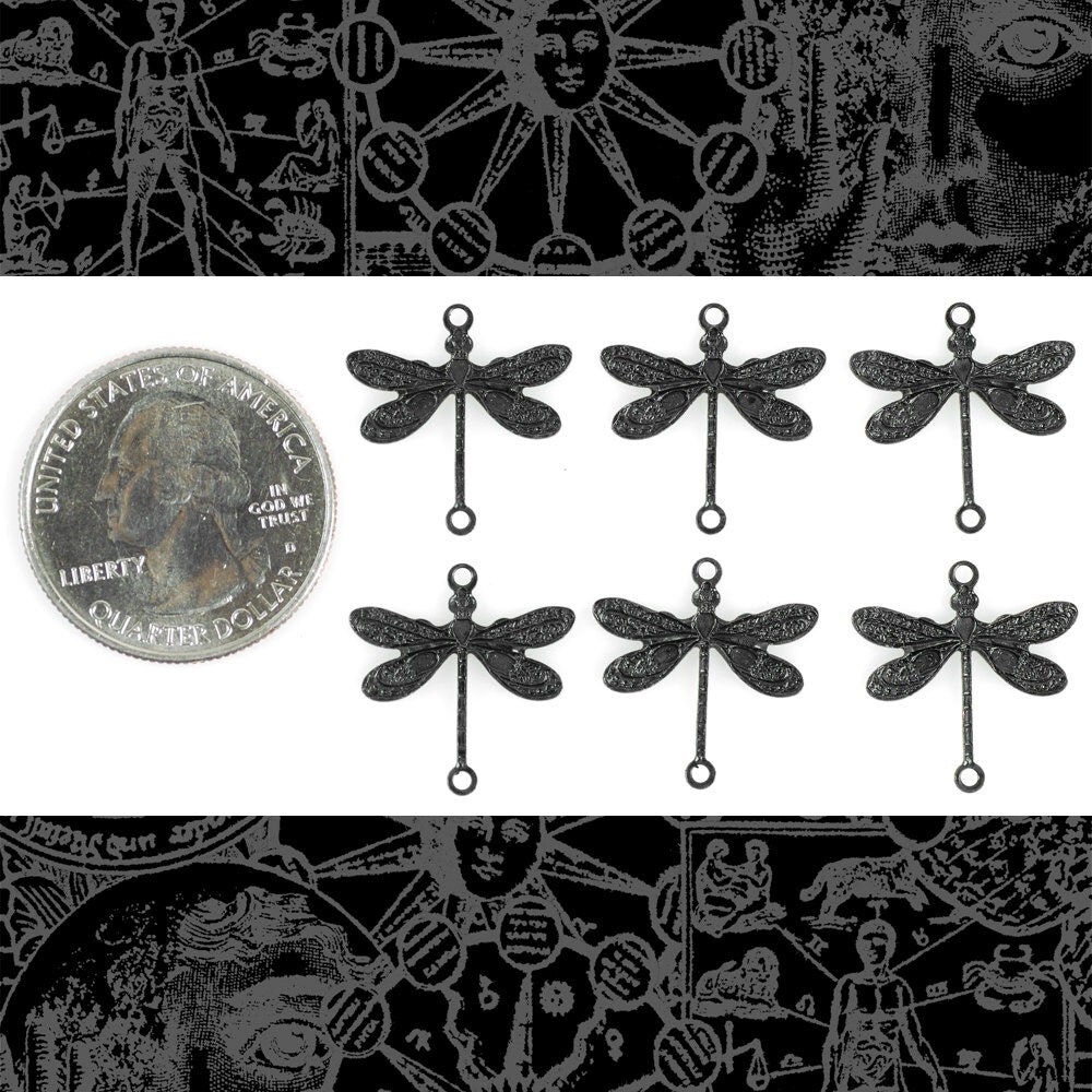 Black Plated Brass Medium Ornate Dragonfly Two Ring Connectors - Set of Six - BB-2C13