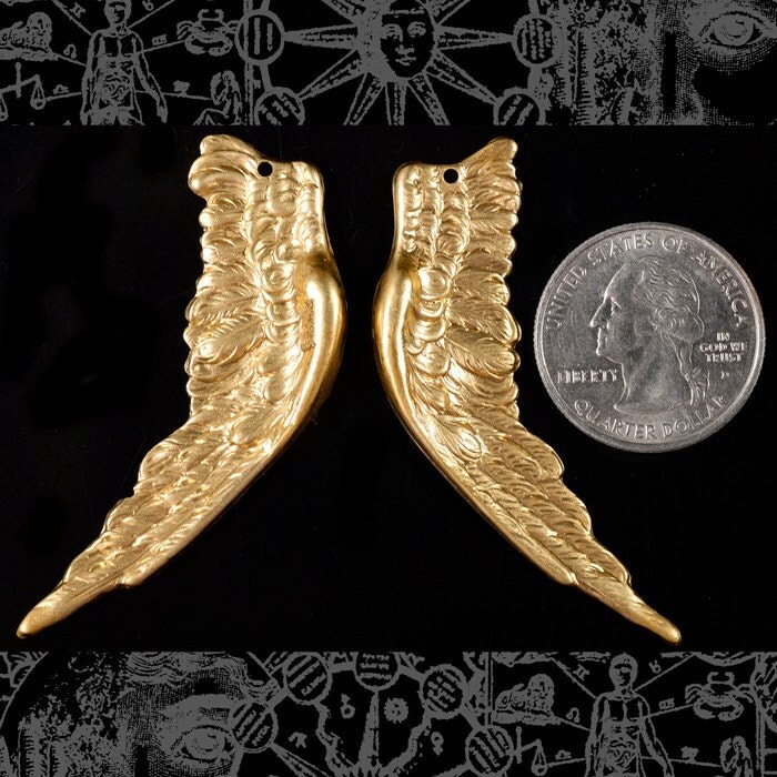 Raw Brass Huge Angel Wing Pendants Charms - One Set of Wings - B-P54