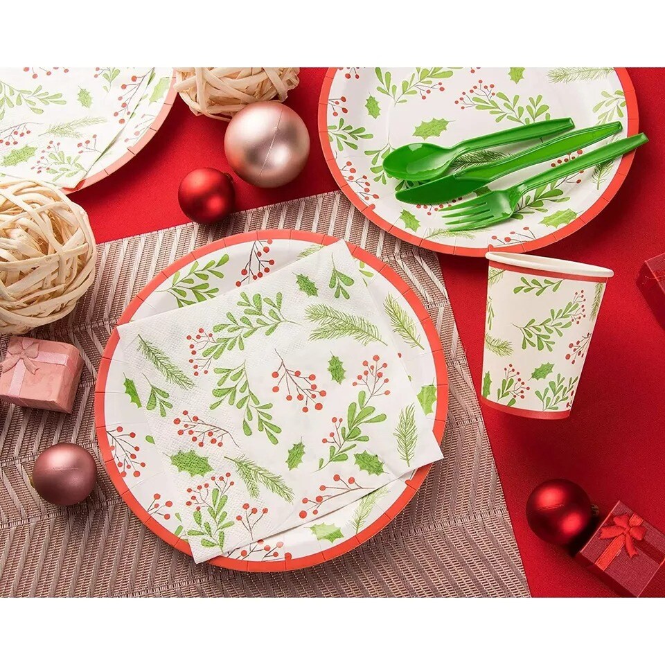 144 Piece Christmas Party Plates, Napkins, Cups, and Cutlery, Serves 24