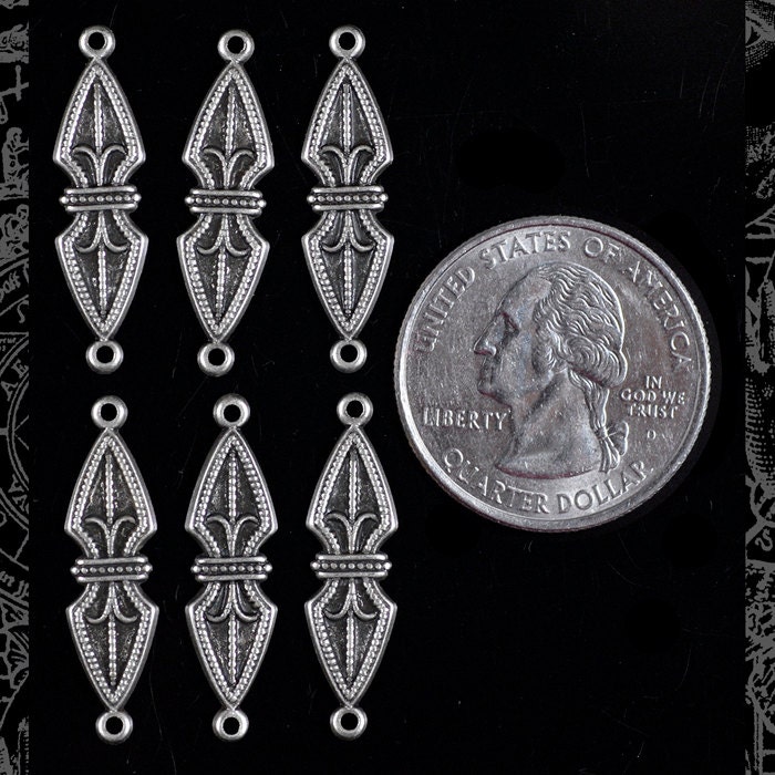 Antiqued Silver Plated Brass Spear Art Deco Filigree Two Ring Connectors - Set of Six - S-2C46