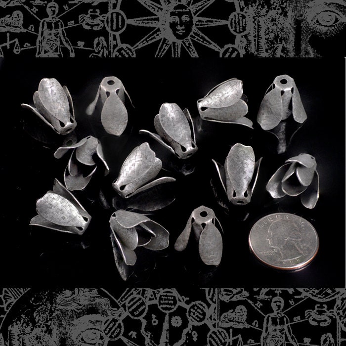 Antiqued Silver Plated Brass Copper Coated Steel Tulip Beads Pendants Charms- Set of Twelve - XXX - S-BC17
