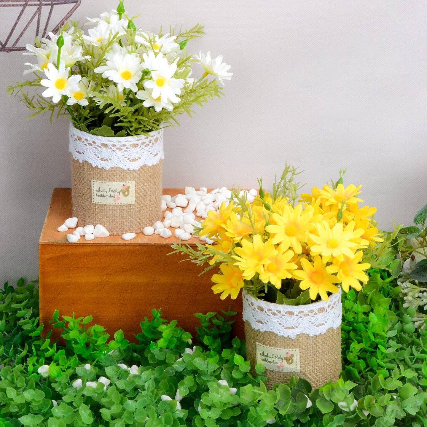 Summer Artificial Potted Flowers - Set of 4 Mini Fake Potted Silk Daisy Flowers