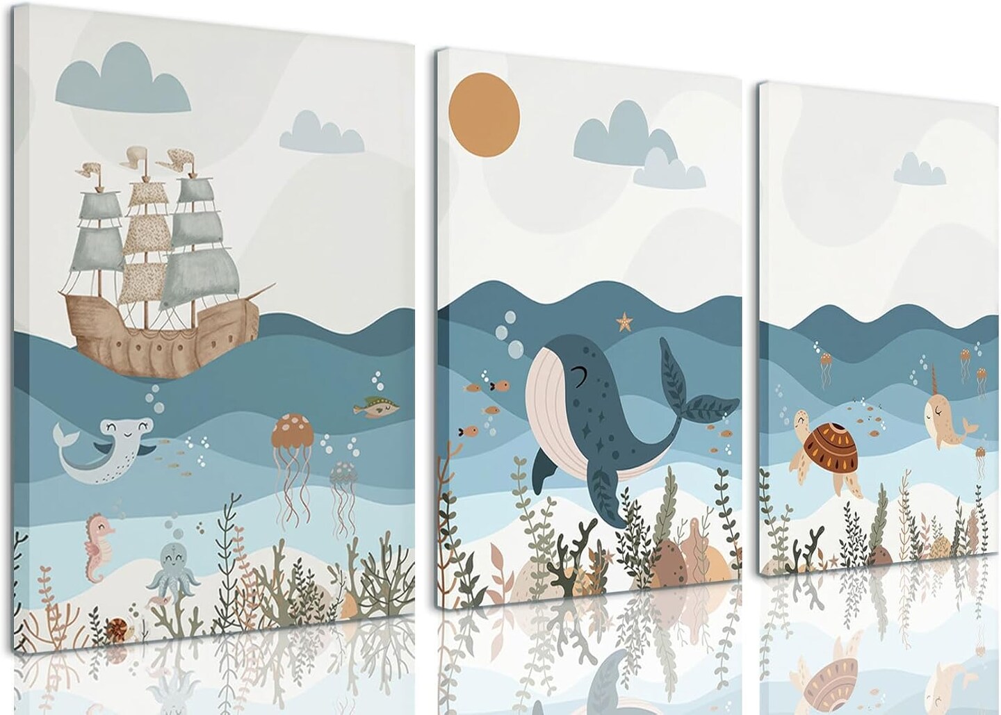 Framed Summer Blue Ocean Nautical Nursery Canvas Wall Art Decor Sea Turtle Whale 12&#x22;x16&#x22;